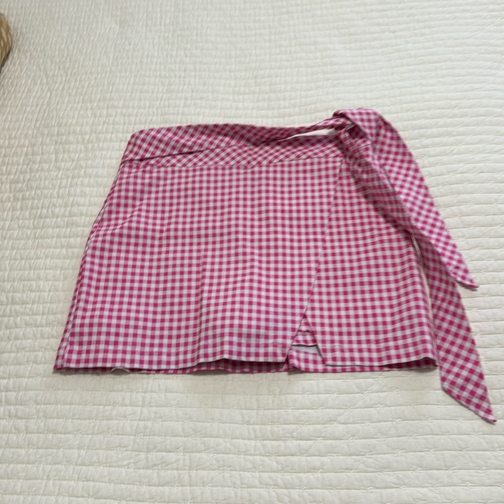 crown & ivy Pink Gingham Wrap Mini Skirt